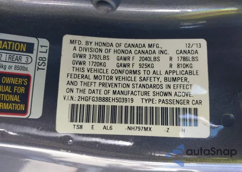 2014 Honda Civic Ex z USA, uszkodzony, nr VIN 2HGFG3B88EH503919